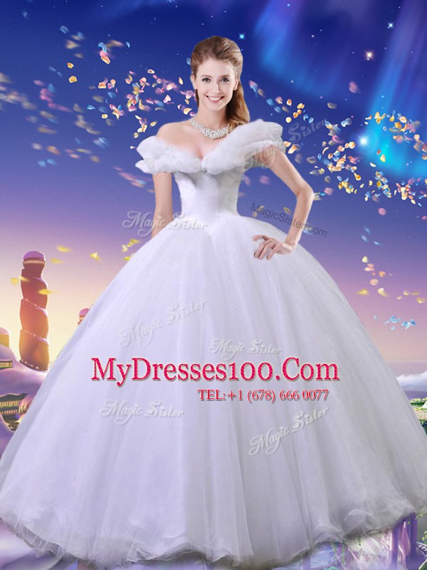 Stunning Cinderella Off The Shoulder Sleeveless Tulle Quinceanera Gown Beading and Bowknot Lace Up