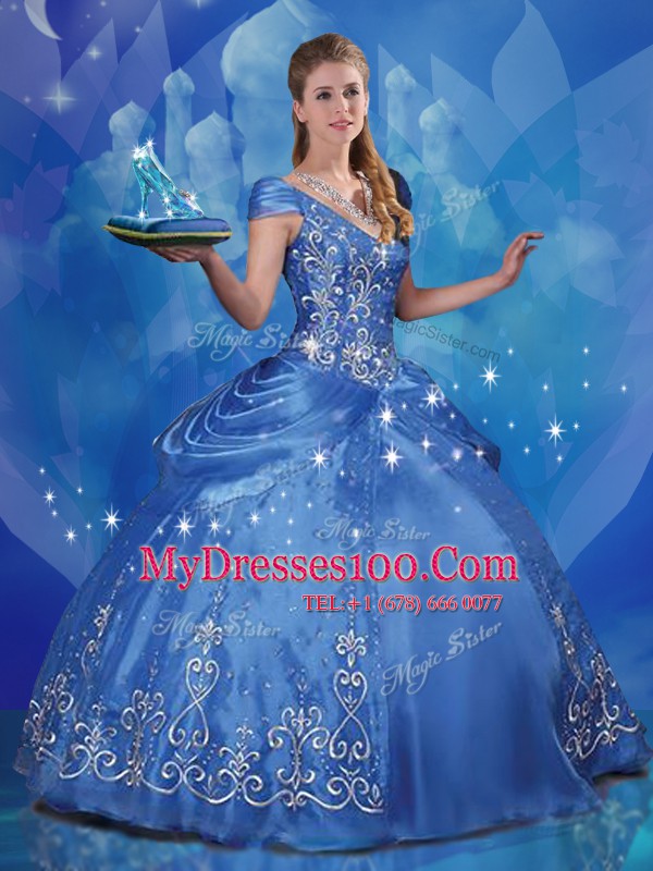 Cinderella Off the Shoulder Beading and Embroidery Sweet 16 Dresses Blue Lace Up Cap Sleeves Floor Length