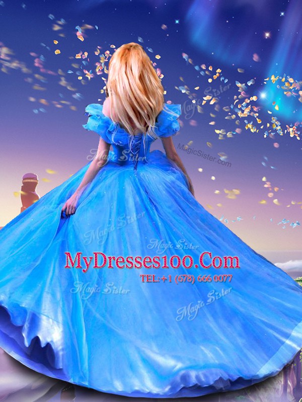 Cinderella Off the Shoulder Tulle Sleeveless Floor Length Quinceanera Dress and Beading and Bowknot