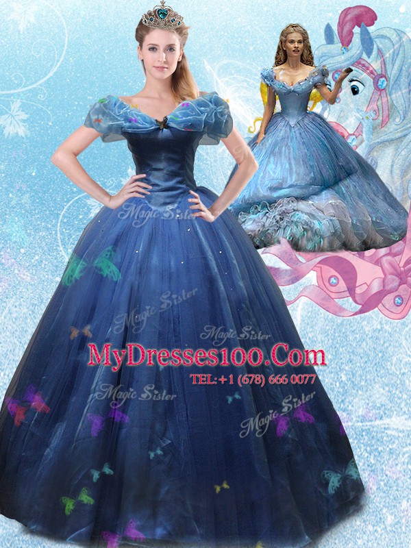 Cinderella Floor Length Navy Blue Sweet 16 Dresses Off The Shoulder Sleeveless Lace Up