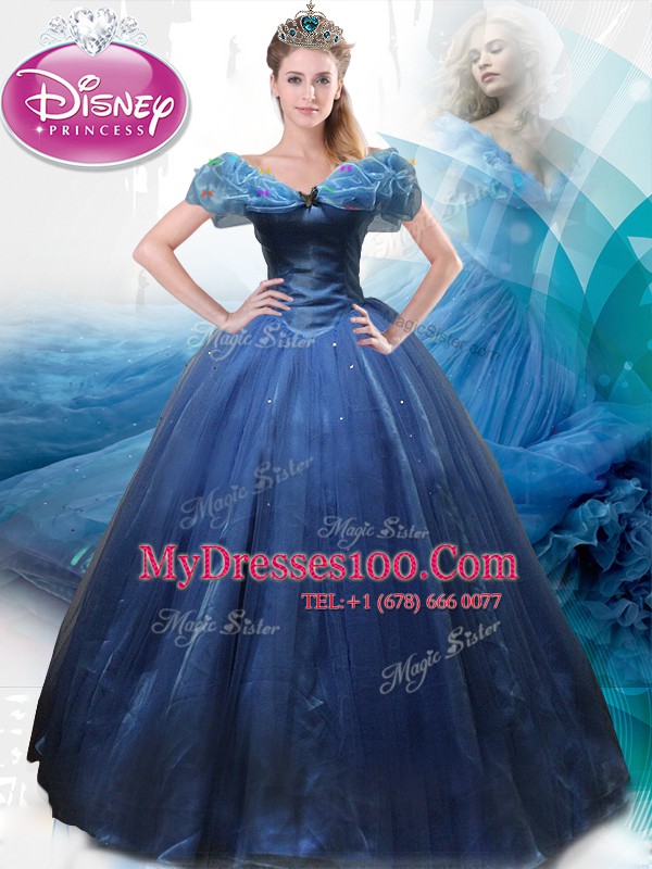 Cinderella Floor Length Navy Blue Sweet 16 Dresses Off The Shoulder Sleeveless Lace Up