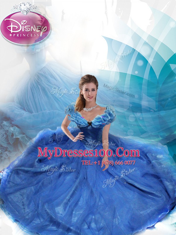 Cinderella Floor Length Navy Blue Sweet 16 Dresses Off The Shoulder Sleeveless Lace Up