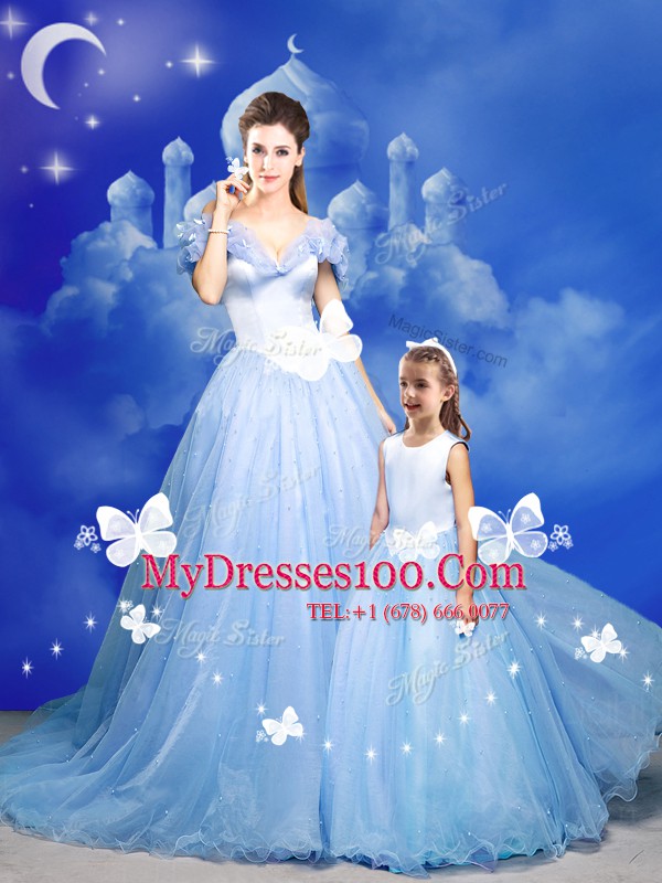Flare Light Blue Off The Shoulder Zipper Beading and Bowknot and Hand Made Flower Quince Ball Gowns Court Train Sleeveless
