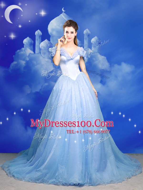 Flare Light Blue Off The Shoulder Zipper Beading and Bowknot and Hand Made Flower Quince Ball Gowns Court Train Sleeveless