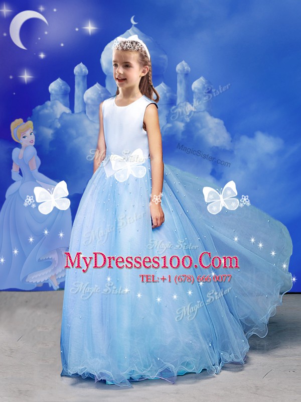 Flare Light Blue Off The Shoulder Zipper Beading and Bowknot and Hand Made Flower Quince Ball Gowns Court Train Sleeveless