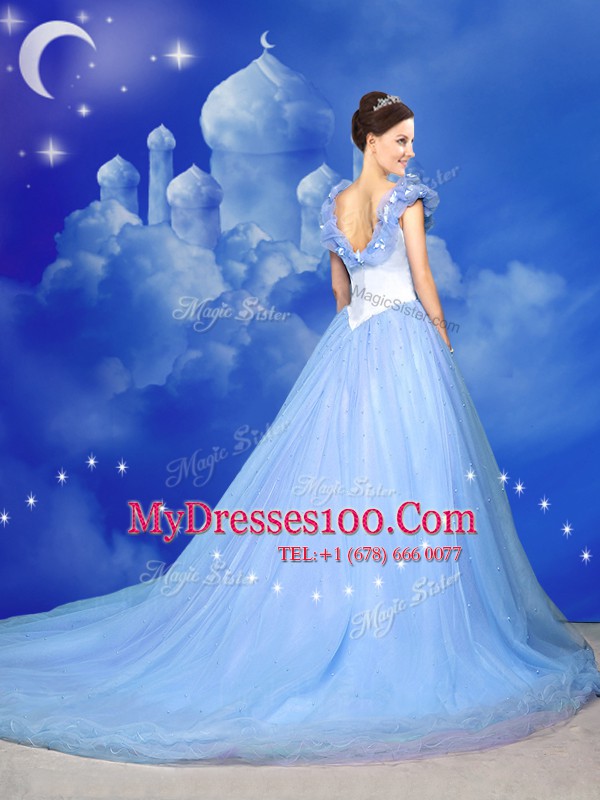 Flare Light Blue Off The Shoulder Zipper Beading and Bowknot and Hand Made Flower Quince Ball Gowns Court Train Sleeveless