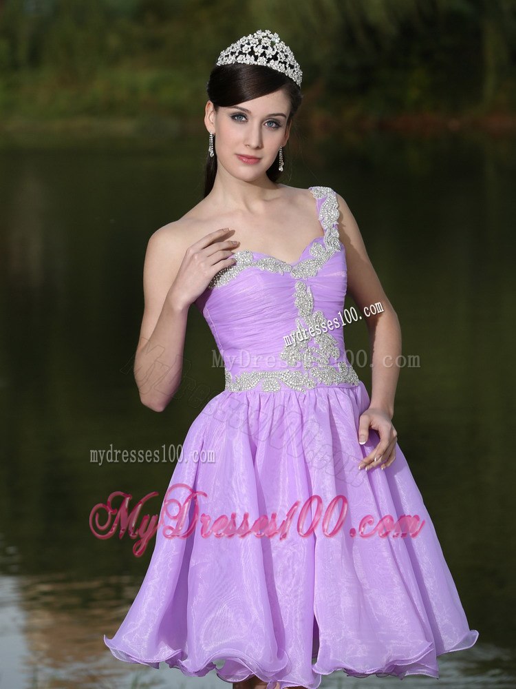 Lavender One Shoulder Cocktail Dress For Party With Beaded Decorate
