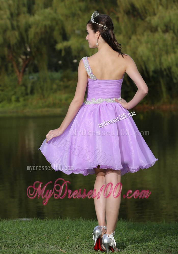 Lavender One Shoulder Cocktail Dress For Party With Beaded Decorate