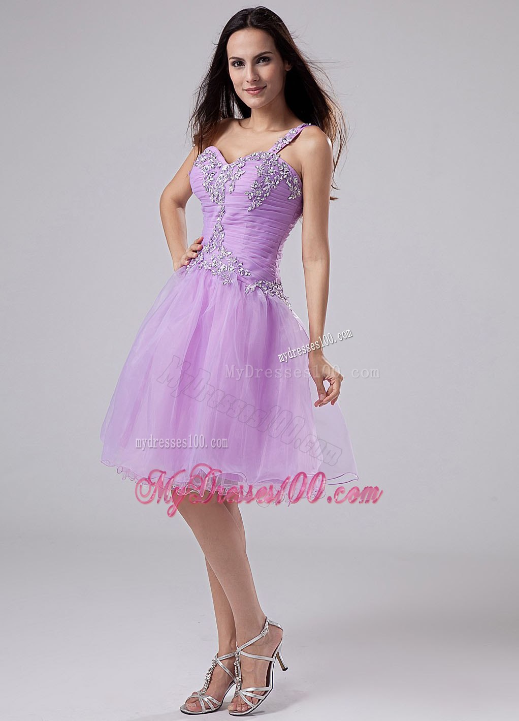 One Shoulder Lavender Cocktail Dress with Appliques and Ruched