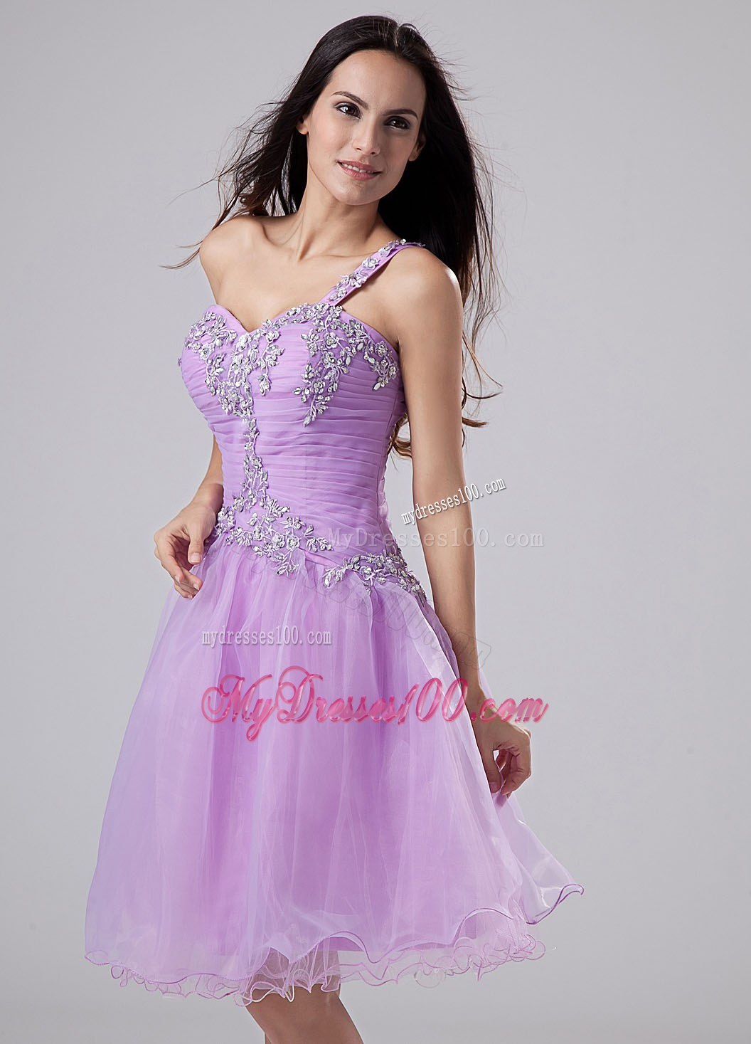 One Shoulder Lavender Cocktail Dress with Appliques and Ruched