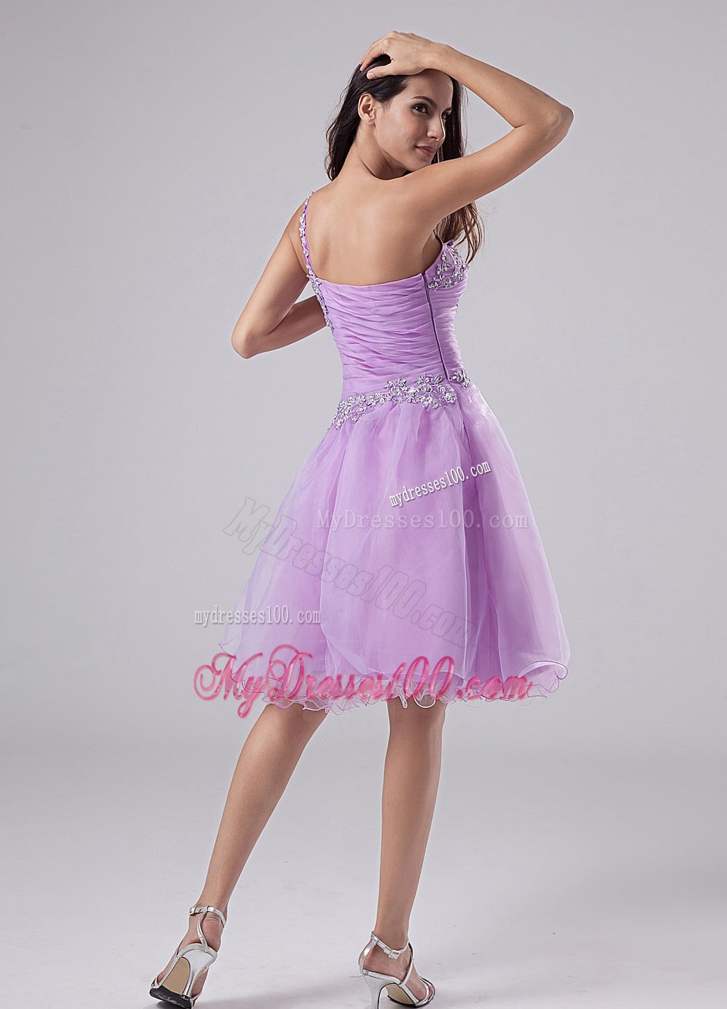 One Shoulder Lavender Cocktail Dress with Appliques and Ruched