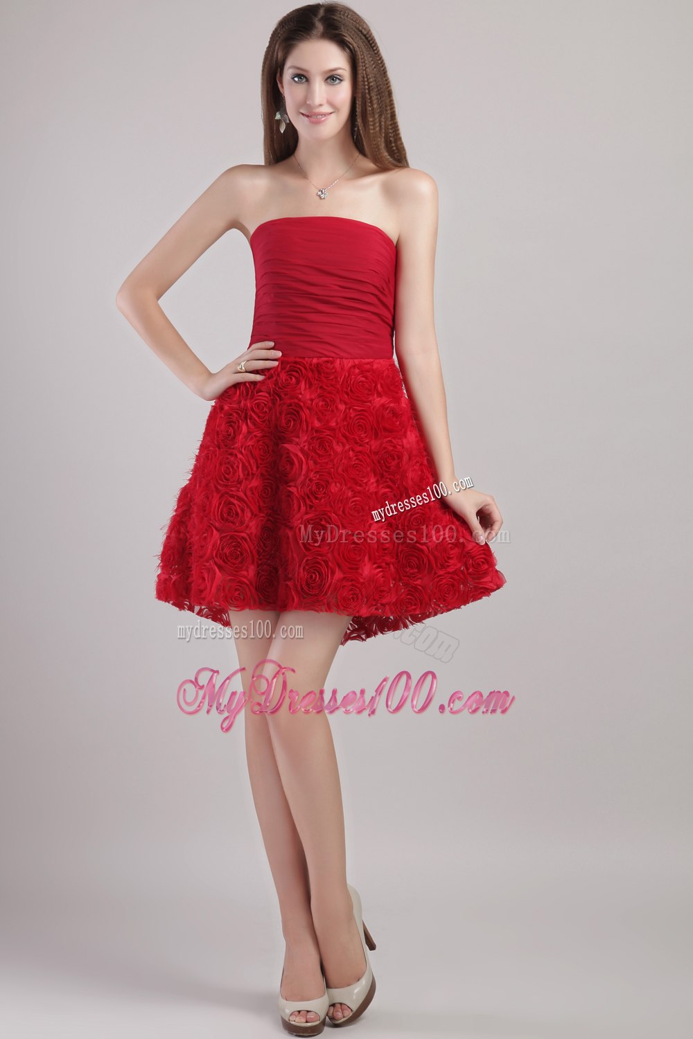 Wine Red A-line Strapless Mini-length Rolling Flowers Prom / Cocktail Dress