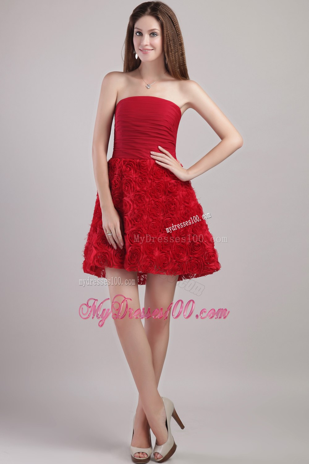 Wine Red A-line Strapless Mini-length Rolling Flowers Prom / Cocktail Dress