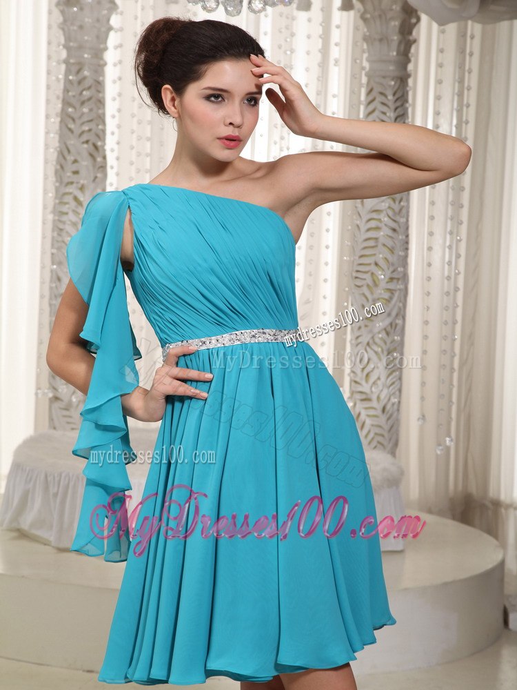 Teal Empire One Shoulder Mini-length Beading Cocktail Dress