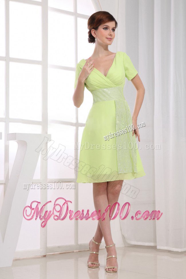 Yellow Green V-neck Cocktail Dress for Homecoming Party