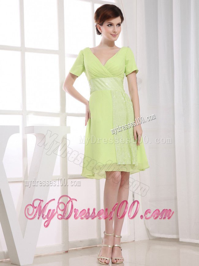 Yellow Green V-neck Cocktail Dress for Homecoming Party