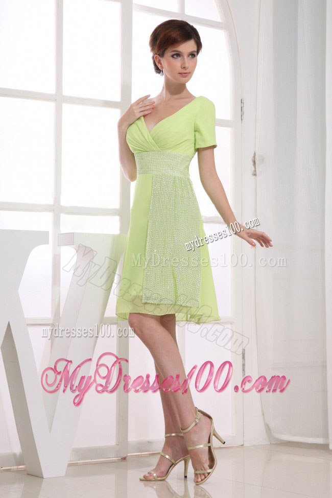 Yellow Green V-neck Cocktail Dress for Homecoming Party