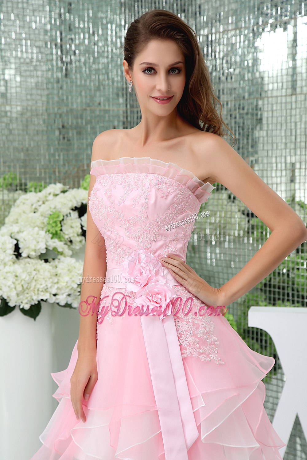 Baby Pink Strapless Ruffles Lace Sash Cocktail Dress for Girl