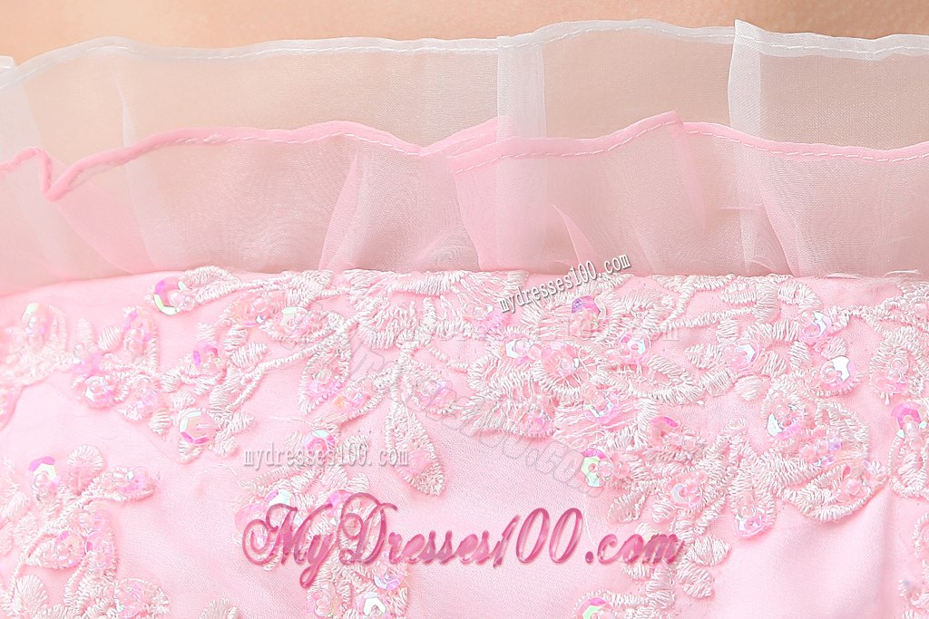 Baby Pink Strapless Ruffles Lace Sash Cocktail Dress for Girl