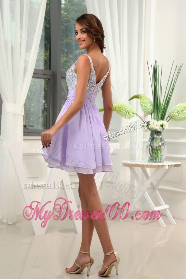 Beading Straps Lilac Beading Cocktail Dress with Mini-length