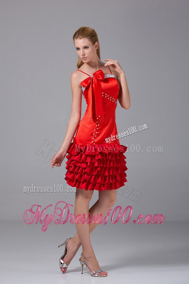 Beading and Bowknot Ruffled Layers Red Spaghetti Straps Prom Dress