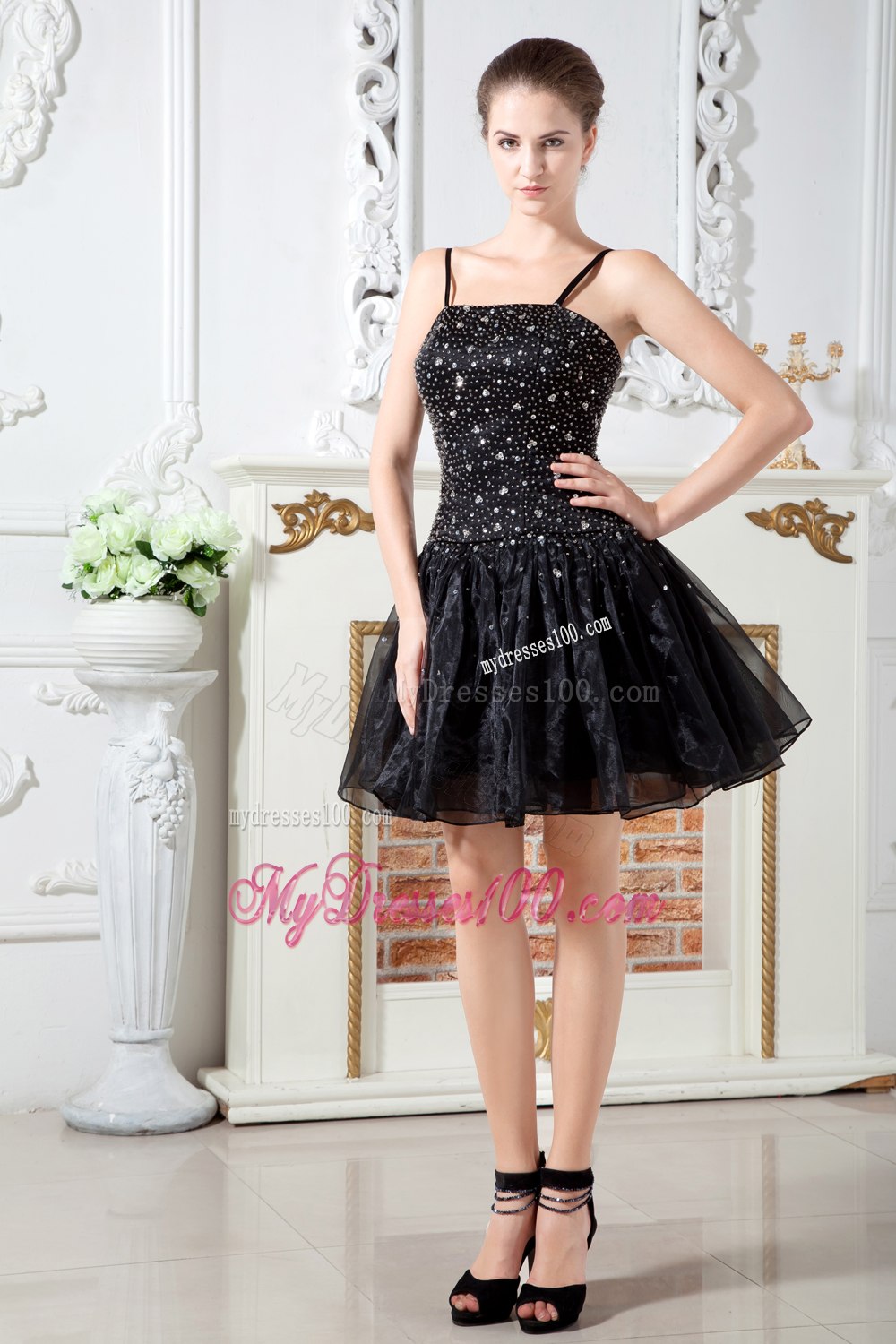 Black Straps Short Cocktail Dress Beading for 2013 Party