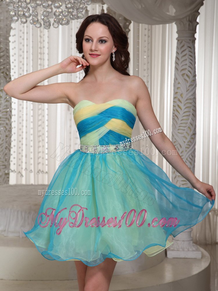 Light Blue Strapless Ruching Beaded Cocktail Dress For Cocktail Party
