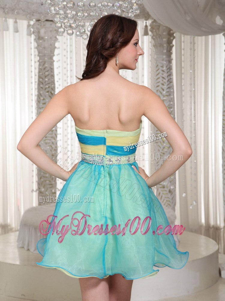 Light Blue Strapless Ruching Beaded Cocktail Dress For Cocktail Party
