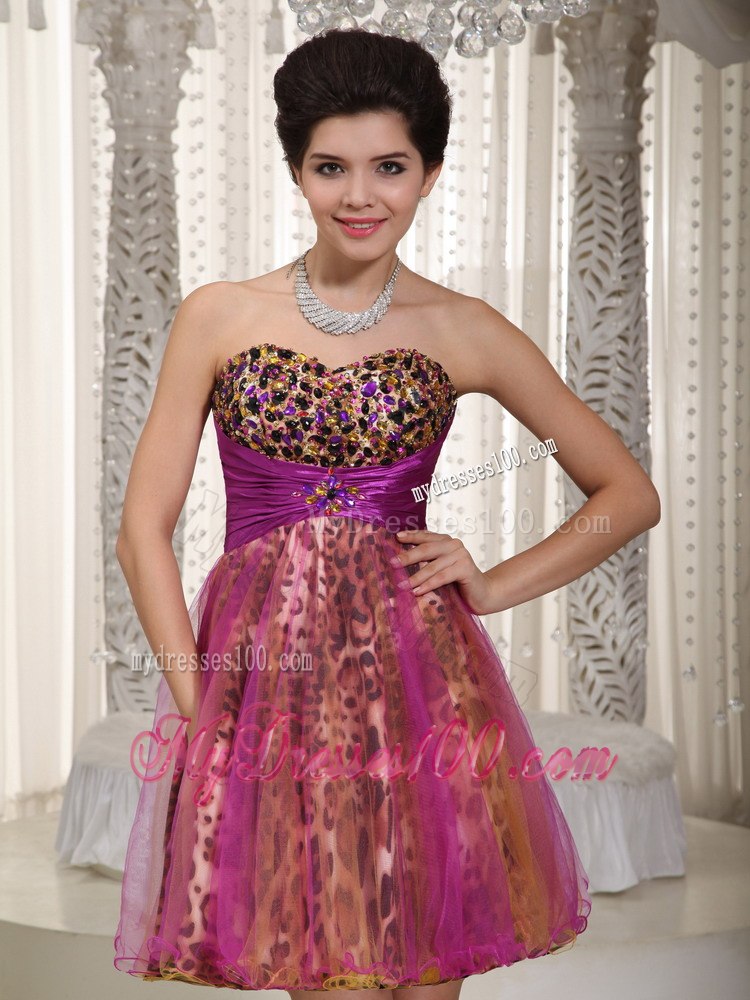 Colorful Princess Sweetheart Mini-length Leopard Beading Cocktail Dress