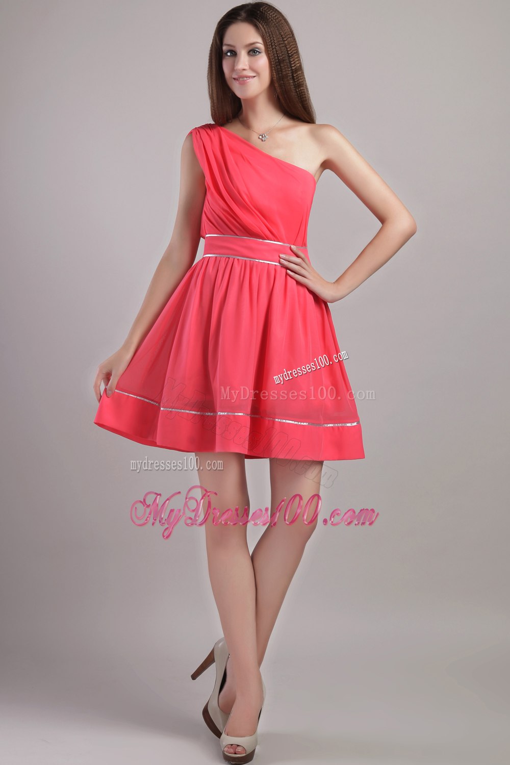 2013 Coral Red One Shoulder Mini-length Prom Cocktail Dress