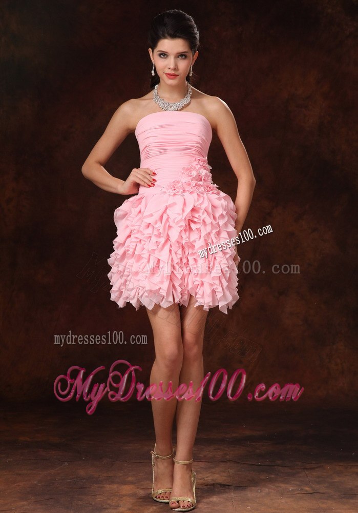 Pink Chiffon Ruffles And Hand Made Flowers Strapless Sweet 2013 Prom Gowns For Custom Made In Dauphin Island Alabama