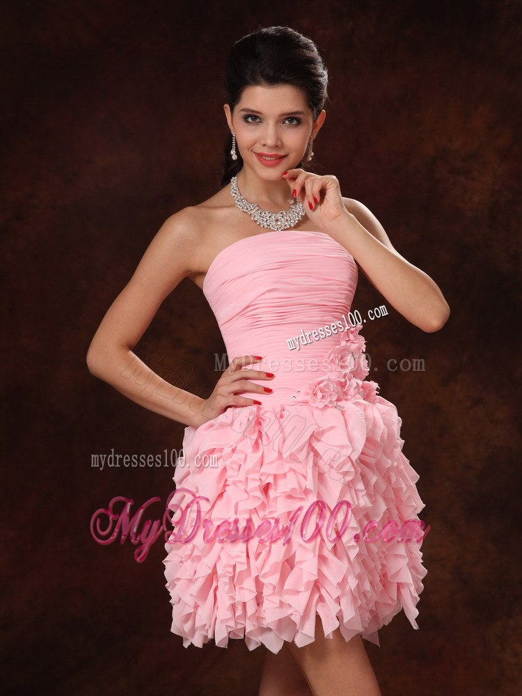 Pink Chiffon Ruffles And Hand Made Flowers Strapless Sweet 2013 Prom Gowns For Custom Made In Dauphin Island Alabama