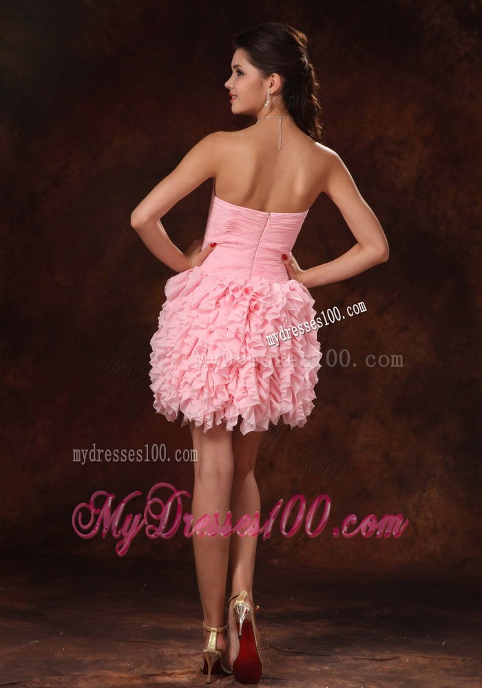 Pink Chiffon Ruffles And Hand Made Flowers Strapless Sweet 2013 Prom Gowns For Custom Made In Dauphin Island Alabama