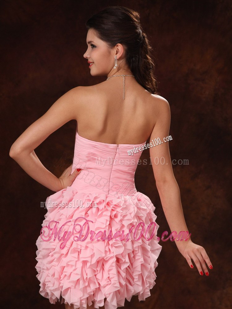 Pink Chiffon Ruffles And Hand Made Flowers Strapless Sweet 2013 Prom Gowns For Custom Made In Dauphin Island Alabama