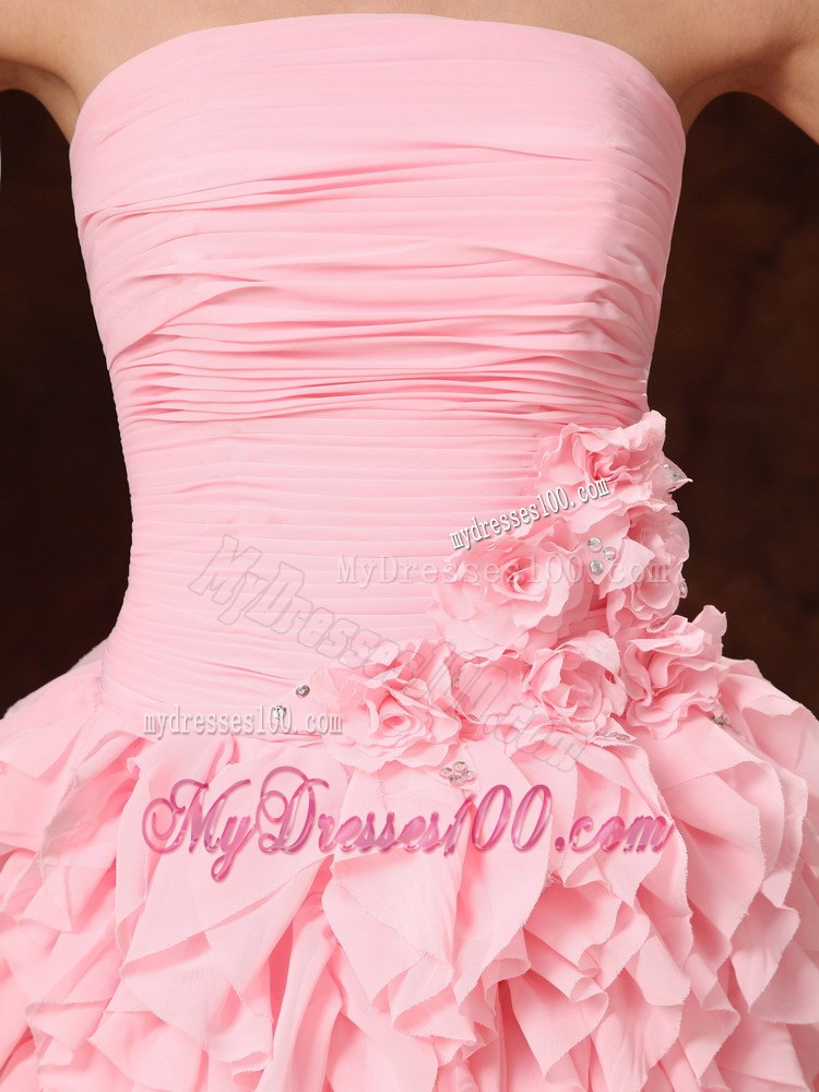 Pink Chiffon Ruffles And Hand Made Flowers Strapless Sweet 2013 Prom Gowns For Custom Made In Dauphin Island Alabama