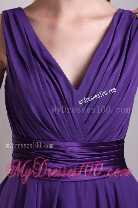 Cheap Purple Empire V-neck Ruching Handle Flowers Cocktail Dress