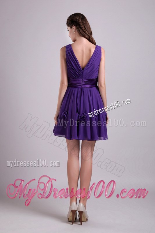 Cheap Purple Empire V-neck Ruching Handle Flowers Cocktail Dress