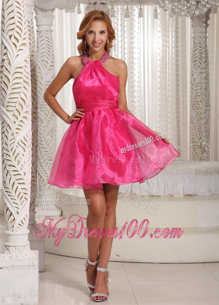Custom Made Halter Hot Pink Mini-length Prom / Cocktail Dress With Beading Decorate