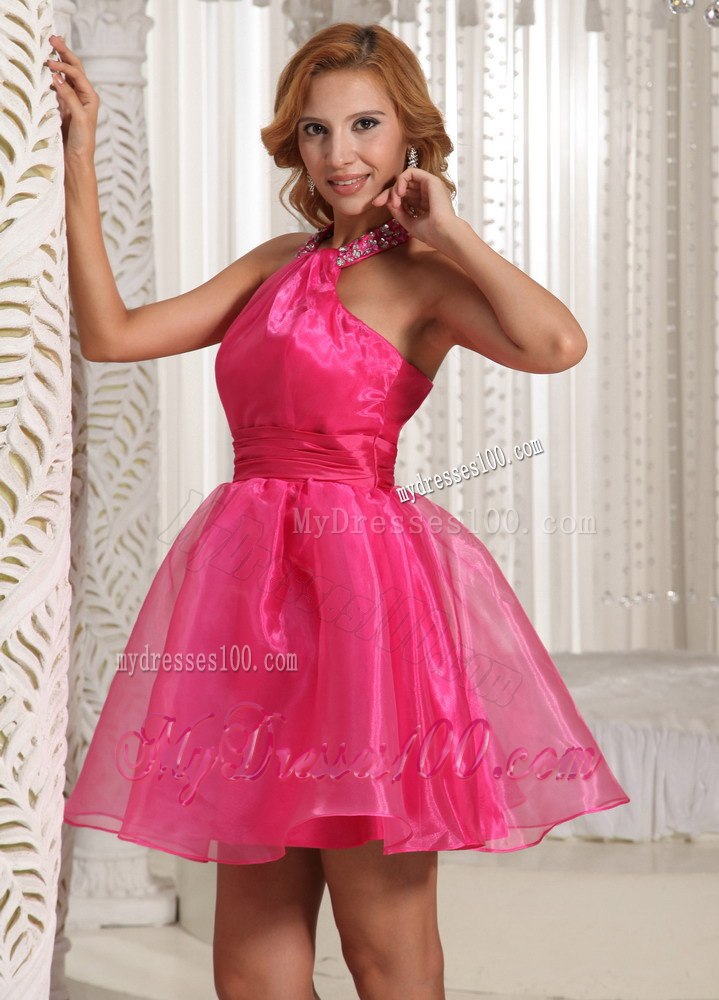 Custom Made Halter Hot Pink Mini-length Prom / Cocktail Dress With Beading Decorate