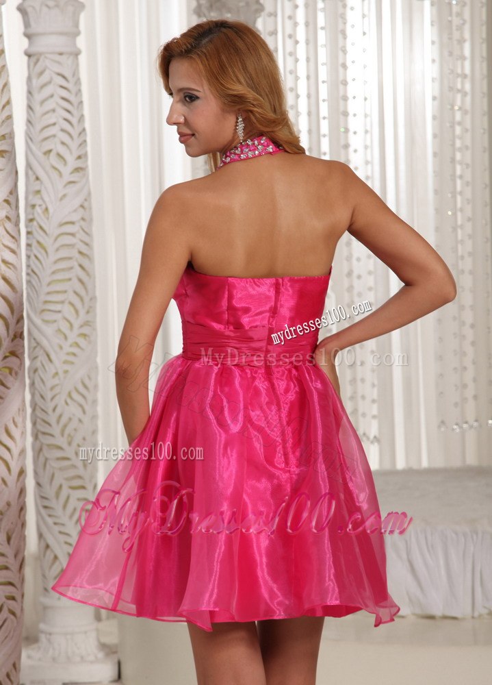 Custom Made Halter Hot Pink Mini-length Prom / Cocktail Dress With Beading Decorate