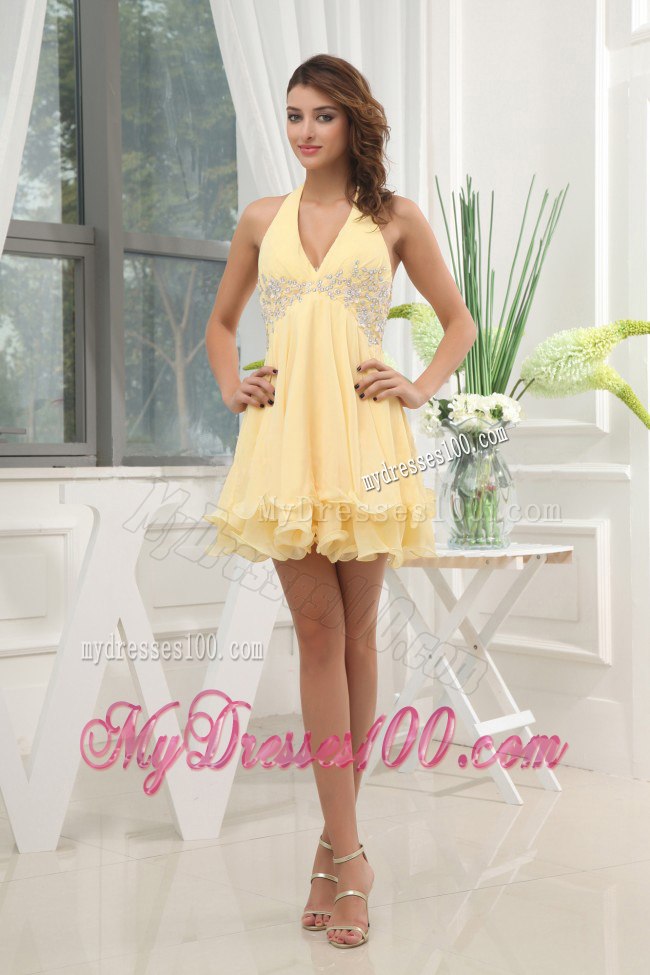 Fashion Halter Yellow Homecoming Cocktail Dress With Appliques