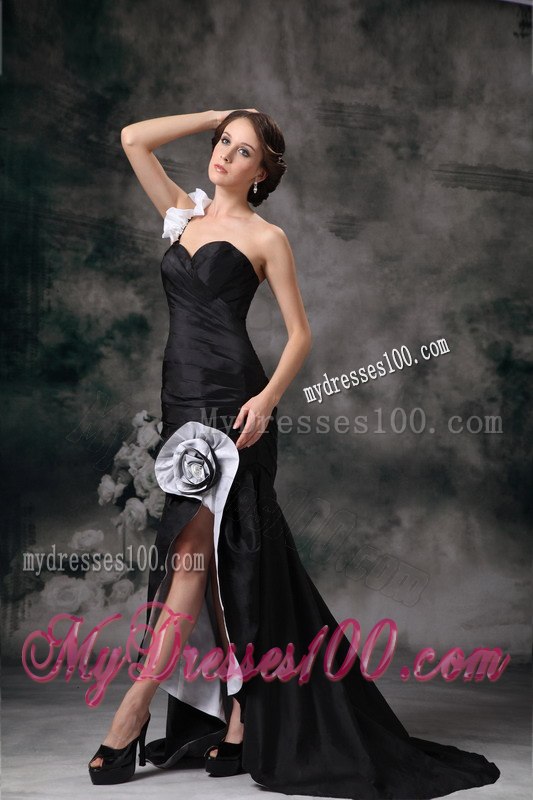 Custom Made Black Mermaid Cocktail Dress with Ruching Flowers