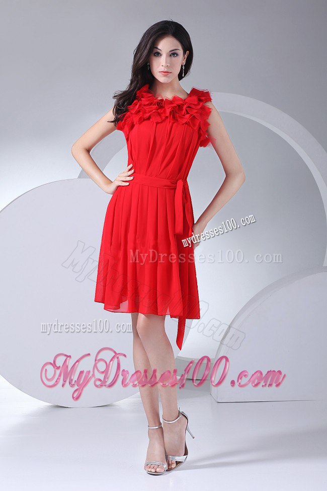 Hand Made Flowers Decorate Bodice Red Ruching 2013 Cocktail Dress