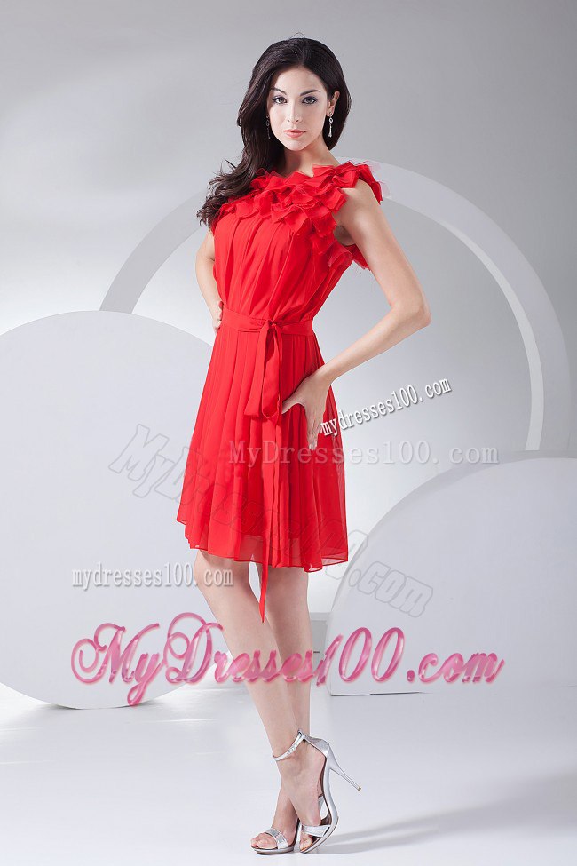 Hand Made Flowers Decorate Bodice Red Ruching 2013 Cocktail Dress