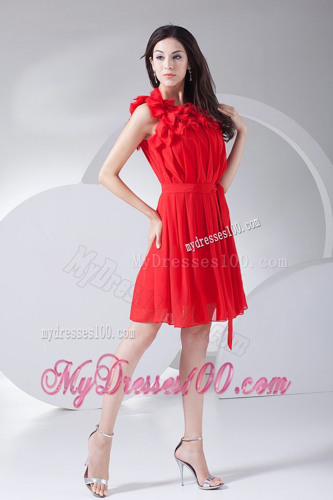 Hand Made Flowers Decorate Bodice Red Ruching 2013 Cocktail Dress