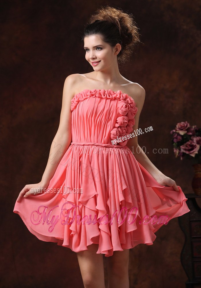 Watermelon Hand Flowers and Strapless Custom Made Cocktail Dress