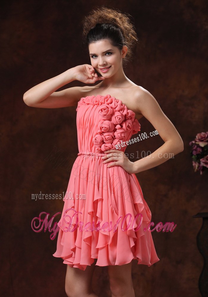 Watermelon Hand Flowers and Strapless Custom Made Cocktail Dress