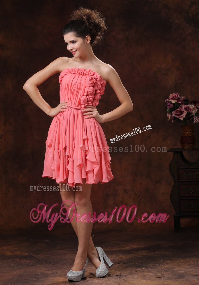 Watermelon Hand Flowers and Strapless Custom Made Cocktail Dress