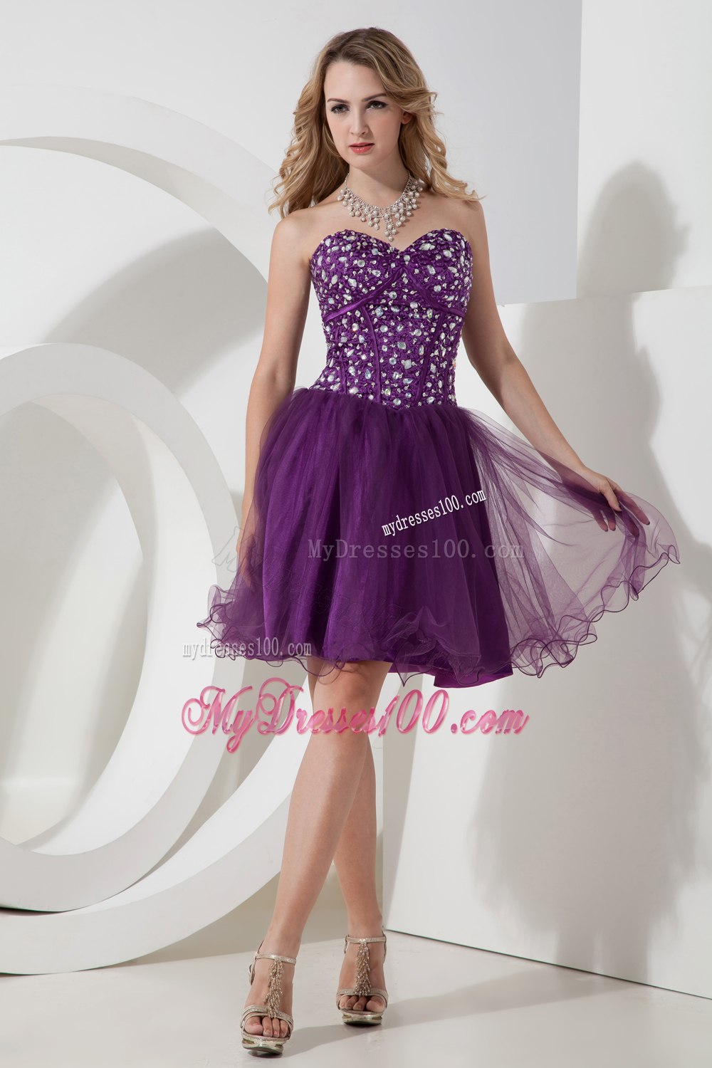 Purple Sweetheart Beading Short Cocktail Dress Knee-length