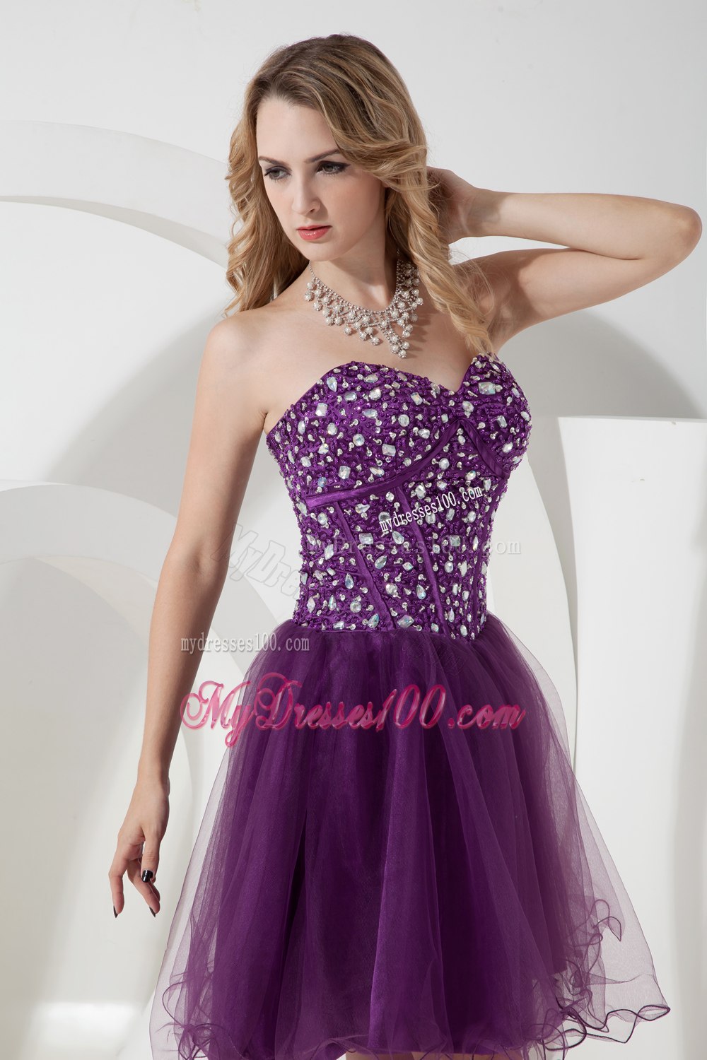 Purple Sweetheart Beading Short Cocktail Dress Knee-length